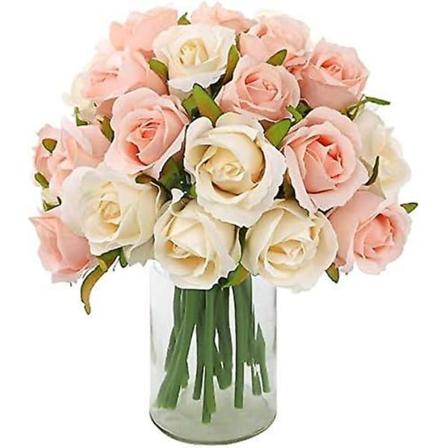 Kunstige roseblomsterbukett silkeblomster rose for hjemmet brude bryllupsfest festivaldekor (2 pakker champagne og rosa)