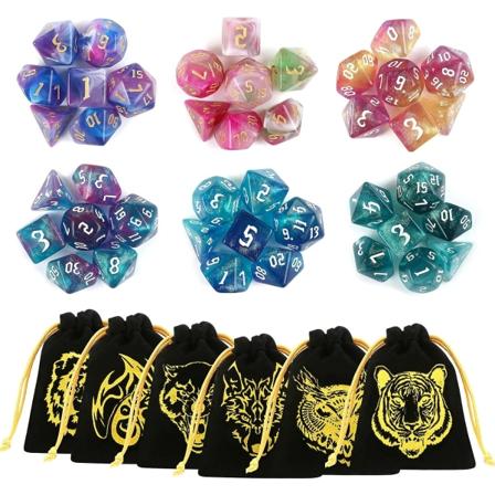 Polyhedral RPG Tärningar 42 st Dungeons and Dragons Spel Tärningar Set 6 Mönster 6 Sided Tärningar för Tärningsspel och Rollspel med 6 Flanellväskor-C
