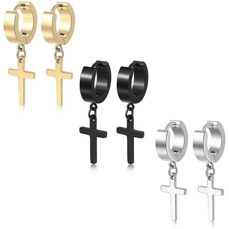 3 Par Cross-Øreringe Dangle Hinged Mænds Øreringe Rustfrit Stål Cross Hoop Øreringe Til Mænd Og Kvinder, Sølv, Guld, Sort