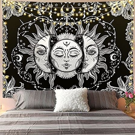 Måne & Sol Vægtæppe Natur Vægstof Soveværelse Dekoration Boheme Vægophæng Psykedelisk Lærred Japansk Tæppe (Sort og Hvid, 150x200cm)