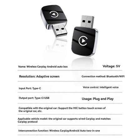 2 i 1 CarPlay Kablet til Trådløs CarPlay & Android Auto Adapter Type-C/USB Ai Boks WiFi Bluetooth Ca