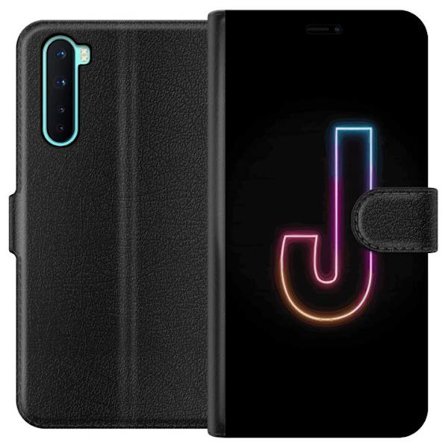Kompatibel Tegnebogsetui til OnePlus OnePlus Nord Minimalistisk neonbogstav J i farveskiftende lys mod sort baggrund