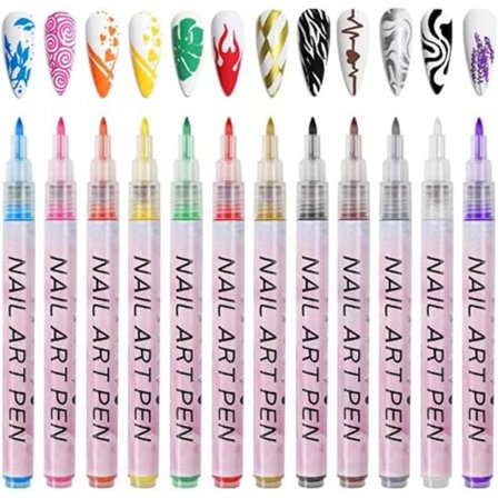 12 farver 3D-neglekunstpen, 12 styk neglespidser neglekunstpenne