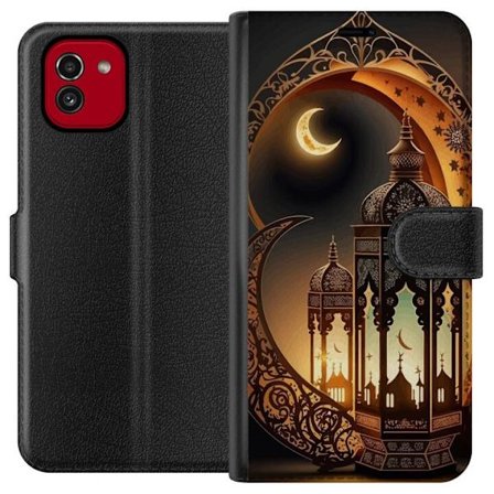 Kompatibelt Lommeboketui til Samsung Galaxy A03 Dekorativ orientalisk lykta med halvmåne och stjärnor i varm gyllene nattmiljö