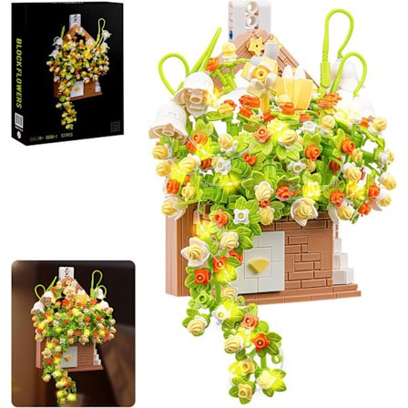 Kukkien kimppu rakennussetti, kukkien talo Bonsai-kasvit LED-valolla, kasvitieteellinen kokoelma seinäkoriste, luova rakennuslelulahja (577 osaa)