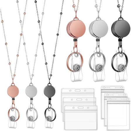 9 stk./sæt indtrækkelig badge-rulle snor med ID-holder, rustfrit stål halskæde snor med gennemsigtig kortholder og nøglering