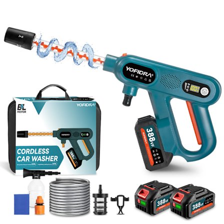 YOFIDRA Borstlös Elektrisk Högtryckstvätt med 2 Batterier och Vattenrör för Hem och Bil