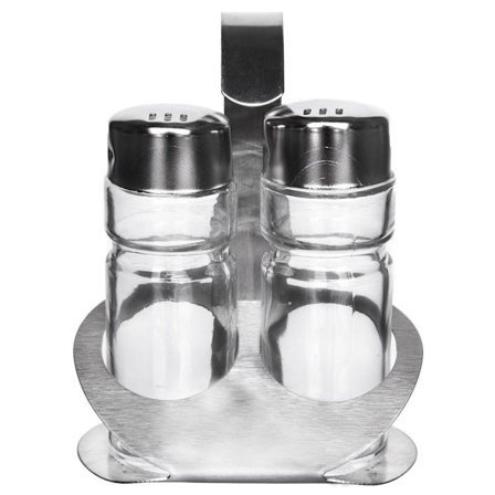 Salt- och pepparkar i glas med stålställ och handtag