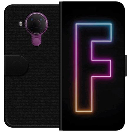 Yhteensopiva Lompakkokotelo Nokia Nokia 5.4 Neonkirjain F vaaleanpunaisella, sinisellä ja keltaisella valokehyksillä tummaa taustaa vasten, graafine