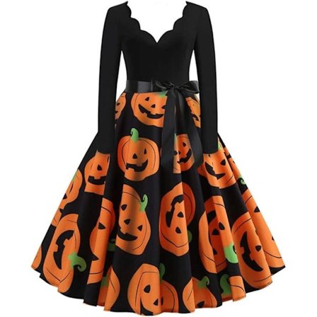 Halloween-festkjole for kvinner, 50-talls retro Halloween vintage Rockabilly hjerteformet utringning langermet A-linje cocktailfest swingkjole