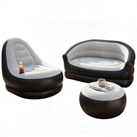 COSTWAY 3-personers Oppustelig Sofa Sæt med Indbygget Fodstøtte og Kopholder, Fløjlsoverflade til Udendørs, Indendørs