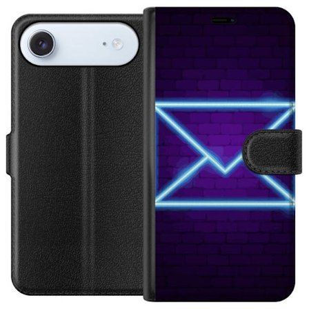 Yhteensopiva Lompakkokotelo Apple Apple iPhone 17 Air Neonilta illuustraatio kirjekuoresta sinisessä valossa lila tiiliseinää vasten, nykyaikainen