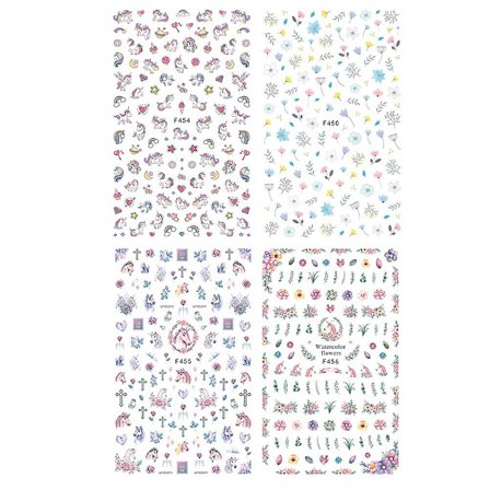 4 st nagelklistermärken Diy Unicorn Transparent Blooming Flowers Dekoration Nail Art Nail Art Nail Decals Semestergåva (som bilderna visar)