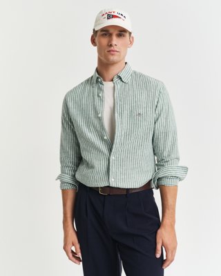 GANT - Regular fit stripet skjorte i bomullslin til herre woody green