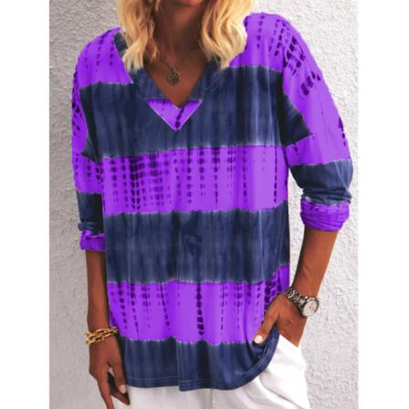 Kvinnor Tie Dye T-shirt Randig Långärmad Blus V-hals Casual
