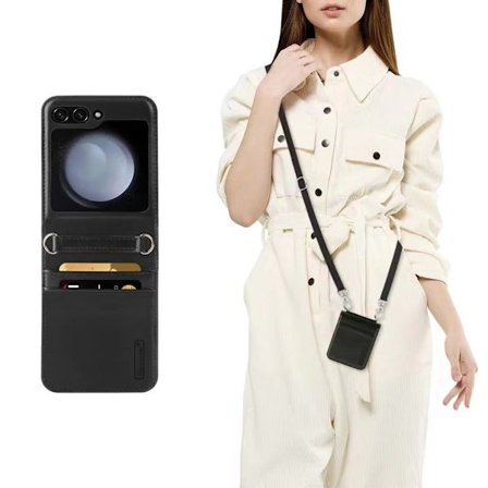 Kompatibel med Z Flip 5 Foldbar Skærm Telefon Cover, Flip Lanyard Telefon Cover (Sort) med Lang Lanyard