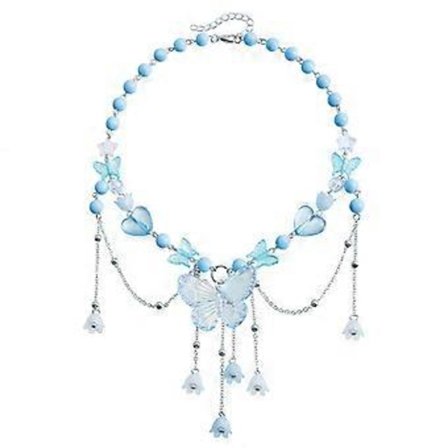 Fashionabelt Halsband Smycken Sofistikerat Fjärilshänge Halsband Elegant Pärlhalsband med Fransar för Kvinnor (Blå)