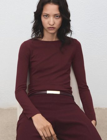 Mango Long-Sleeved Fine-Knit Sweater - Burgundy - S