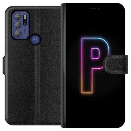 Kompatibel Tegnebogsetui til Motorola Motorola Moto G60S Minimalistisk neonbogstav P i farvegradient og lyseffekt mod sort baggrund i digital neonstil