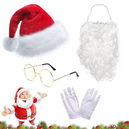 4 stk. Hatt, skjegg og parykksett for julebord