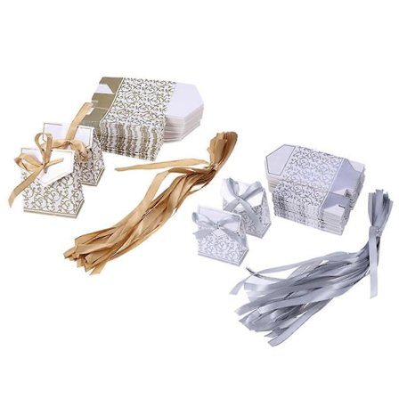 100 stk Bryllupsgodteribokser Trykte Bokser med Sydd Bånd Anstendige Sjokoladebokser (Gull/Sølv)