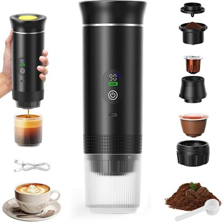 3-i-1 Bärbar Kaffebryggare, Uppladdningsbar Bärbar Resekaffebryggare, 12 V Espressomaskin för Kapslar, Malet Kaffe, för Camping, Resor