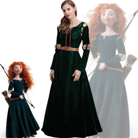Dame Brave Merida Prinsesse Cosplay Kostumesæt Kjole + Bælte Halloween Fest Fancy Kjole-WELLNGS