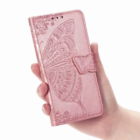 Fodral för iPhone16 Roséguld 3D Blomma Fjäril Läderfodral Präglat