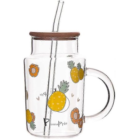 Klar Glasmugg Med Lock Och Sugrör, 44 cl Dricksglas Juicekopp, Sött Ananasmönster QUP