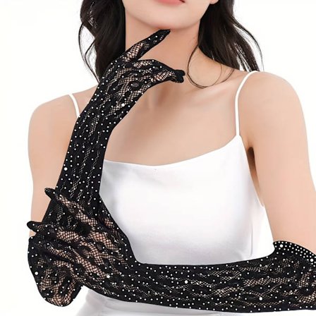 Sexet Fristelse Lange Handsker Blonde Mesh Fem Finger Tynde Panther Mønster Handsker med Farverige Rhinestones