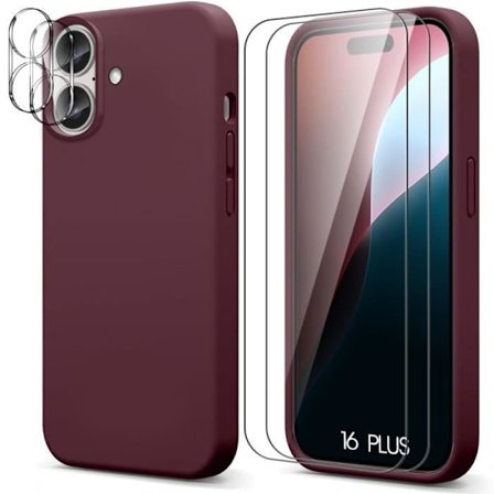Skal av skydd - Silikon - för iPhone 16 Plus - Bordeaux - 2 Härdat Glas - Halkfri