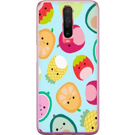 Kompatibel Mobilcover til Xiaomi Redmi K30 Mønster af kawaii frugter som jordbær citron ananas og avocado på lyseblå baggrund