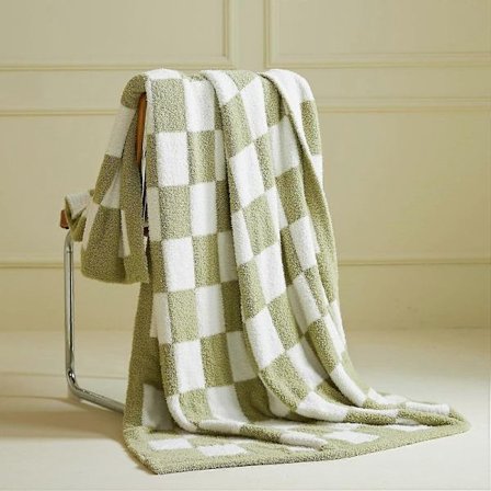 Paksu ja mukava ruudullinen viltti 150 x 130 cm, ruutukuvio, tekoturkistilkku, pehmeä ja lämmin sohvapeitto kaikkiin vuodenaikoihin - vihreä