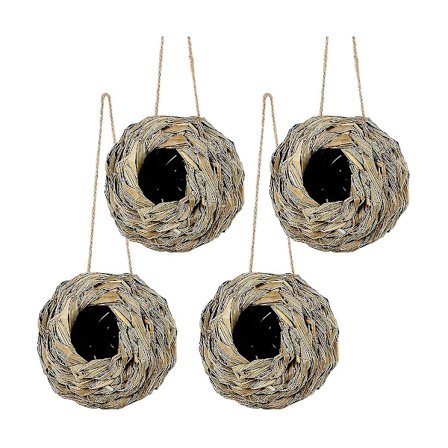 4-pak Hængende Fuglereder til Udendørs, Håndvævet, Fremstillet af Naturgræs til Balkon, Træstammer