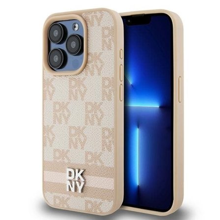 DKNY läderfodral med rutigt monomönster och tryckta ränder för iPhone 15 Pro Max - rosa