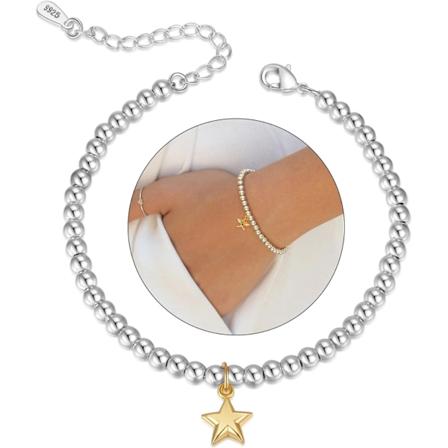 Sølv Armbånd for Kvinner 5MM Rundt Sølvperle Armbånd Justerbart Stjerne Sjarmarmbånd for Kvinner Tenåringsjenter Sølv Damearmbånd WhiteBeadStar