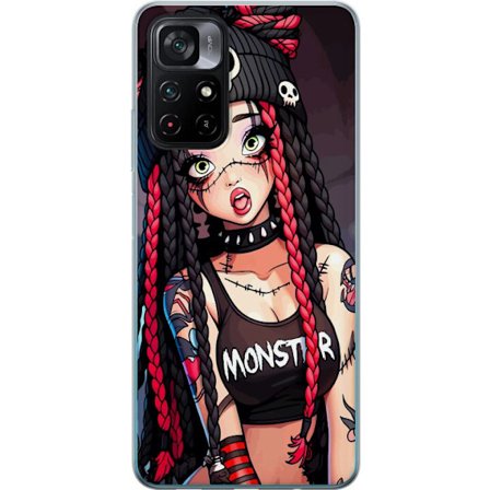 Kompatibel Mobilcover til Xiaomi Xiaomi Poco M4 Pro 5G Gotisk monsterpige illustration med flettede hår, kraniehue og punk stil farverigt mørkt kuns