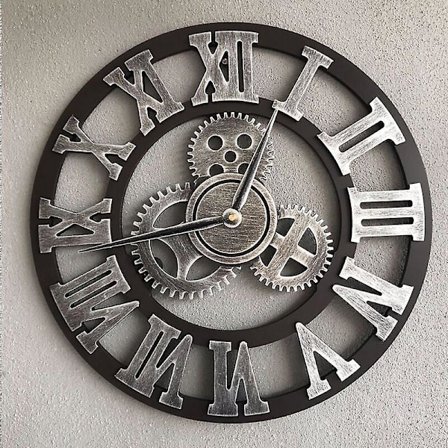 3D Stor Stille Veggklokke i Tre Retro Klassisk Tannhjul Veggklokke Romertall Klokke Europeisk Steampunk Stue Industriell Dekor, Bar,