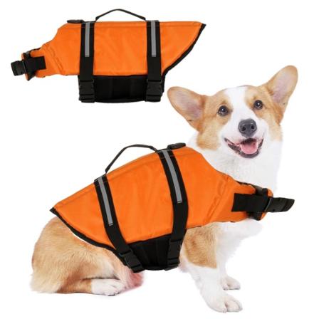 Flytväst för hund, reflexräddare med räddningshandtag, justerbar flytväst, flythjälpmedel med hög flytkraft, hundräddare - orange - M