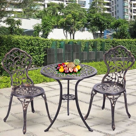 3-delad antik gjuten aluminium bistroset balkongset sittgrupp trädgårdsbord med 2 stolar svart