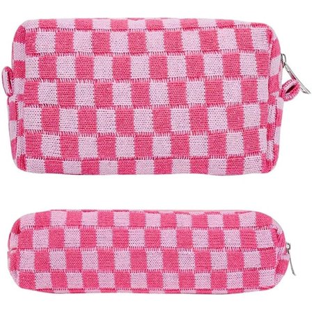 2 stk. ternede kosmetiktasker penalhus bærbar rejse toilettaske ternede penalhuse makeupbørster opbevaringspose papirorganisator pink