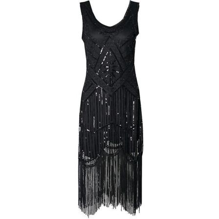 Halloween Lady 1920-talls festkjole Frynset kostymekjole 20-talls paljetter Perler Vintage kveldsfest Elegante kjoler Black M