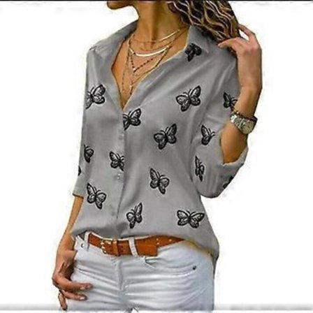 Dame Skjorte med Sommerfugltrykk, Nedbrett Krage, Knapper, Chiffon Bluser, Pluss Størrelse, Langermet Topper (XXXXL grå)