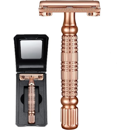 Butterfly Dobbeltsidet Sikkerheds Barberkniv Rustfri Genanvendelig Manuel Vådbarbering til Mænd Kvinder med Spejl Rejseetui Rosaguld