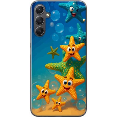 Kompatibel Mobilcover til Samsung Galaxy A35 Tegning af søstjerner med store øjne under havet blandt boble og blå baggrund