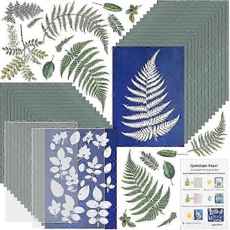 Soltrykk Papirsett, Cyanotype Papir, 32 Ark Cyanotype Papir med 2 Ark Akrylpanel for Kunst