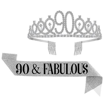 90-årsdag Sash och Krona Hårband för Kvinnor, Födelsedagskrona för Glad 90-årsdag Festdekorationer