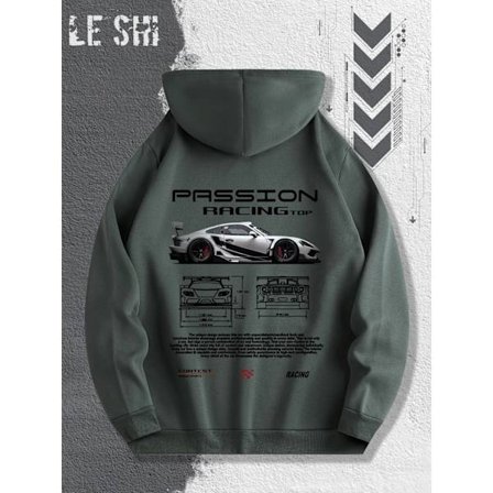 Herre Passionate Racing grafisk hettegenser med racerbiler og sportsbilillustrasjoner, perfekt for hverdagsbruk