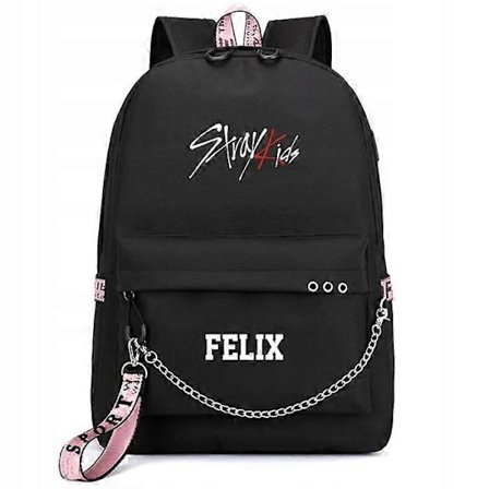 Kopo Stray Kids Felix USB Rygsæk Skolebog Sort Pink Mo Taske