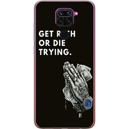 Yhteensopiva Puhelinkuori Xiaomi Redmi Note 9 Get Rich Or Die Trying-tyypografia, jossa rukoilevat kädet ja rahaa